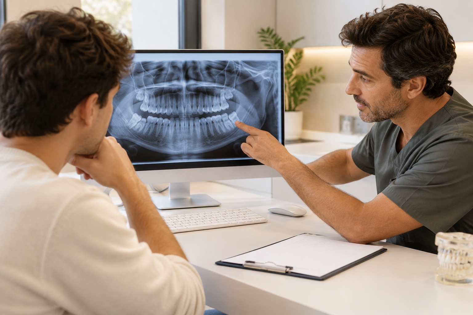 Odontólogo explicando una radiografía a un paciente en una consulta dental